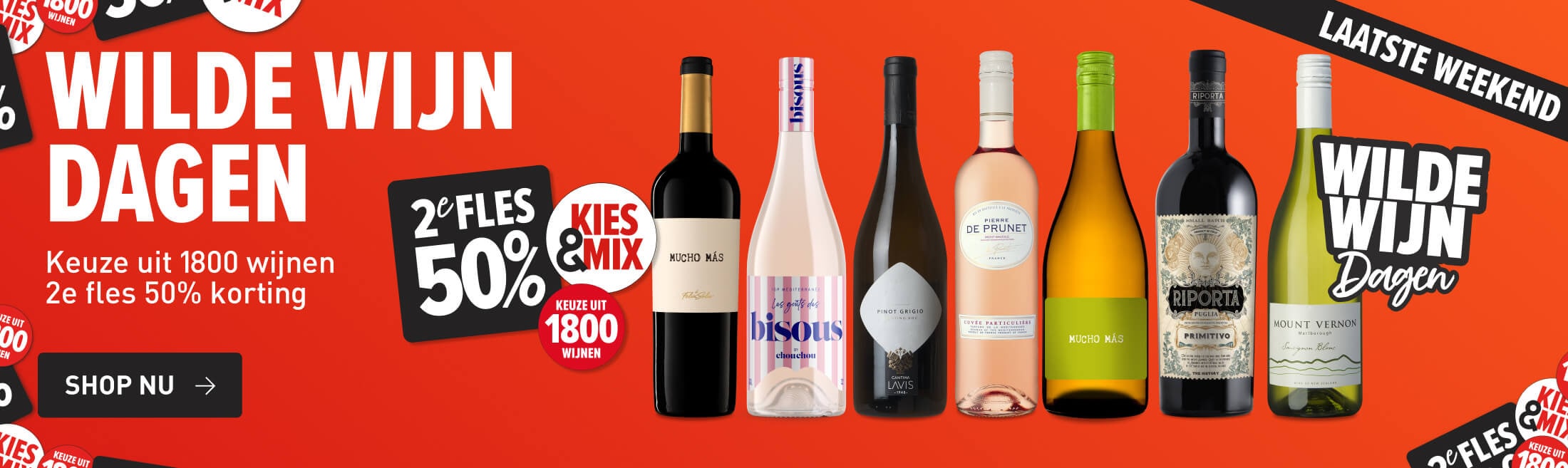 Wilde Wijn Dagen. Keuze uit 1800 wijnen 2e fles 50% korting kies & mix. Laatste weekend